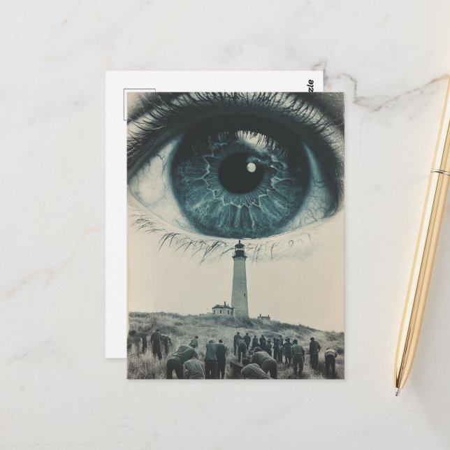 Lighthouse Eyeball Surreal Vintage Postcard (Front/Back In Situ)