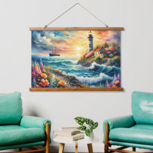 Lighthouse Floral garden on the Sea Hanging Tapestry
