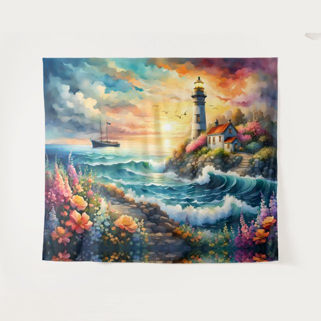 Lighthouse Floral garden on the Sea Tapestry (Front (Horizontal))