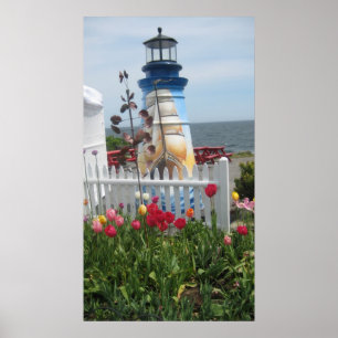 Lighthouse, flowers & ocean print