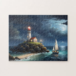 Lighthouse full moon empty row boat jigsaw puzzle