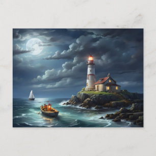 Lighthouse full moon empty row boat postcard