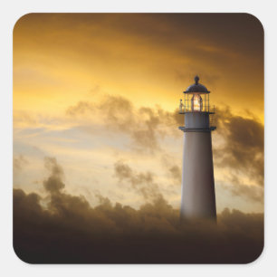 Lighthouse Glowing under Dramatic Sky Square Sticker