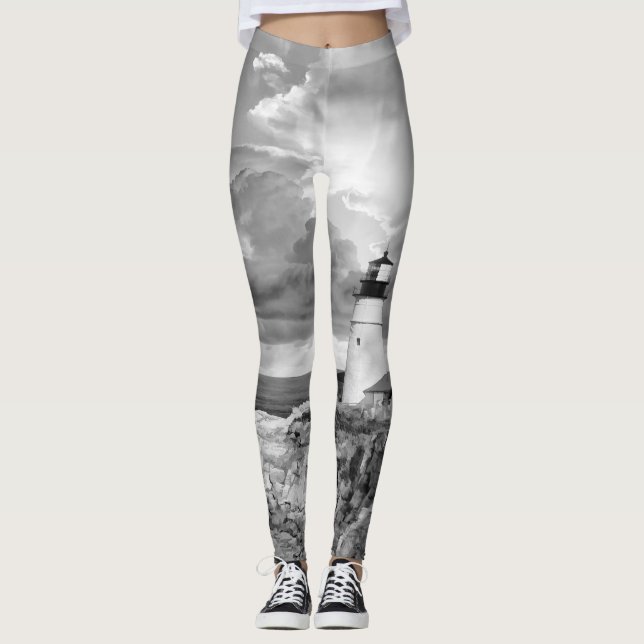 Lighthouse Grey Black White Clouds Seascape Ocean Leggings (Front)