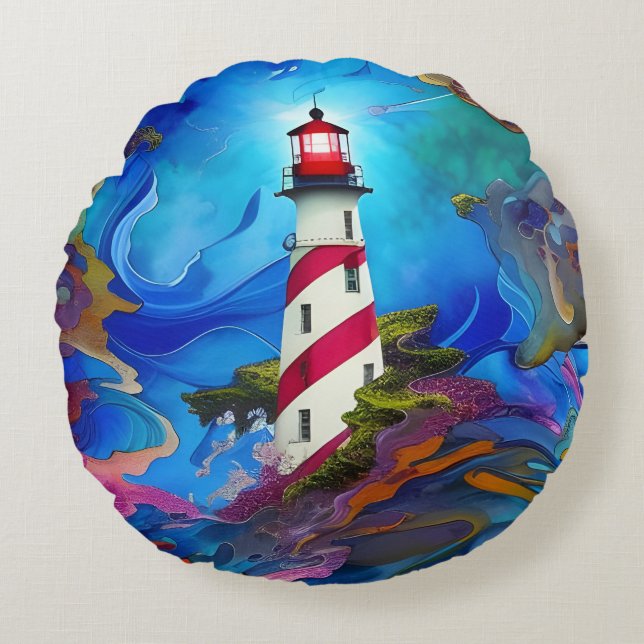 Lighthouse in a Storm Poster Round Cushion (Front)