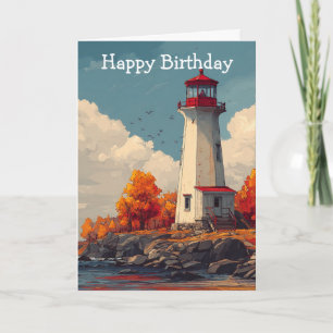 Lighthouse in Autumn Fall Birthday Card