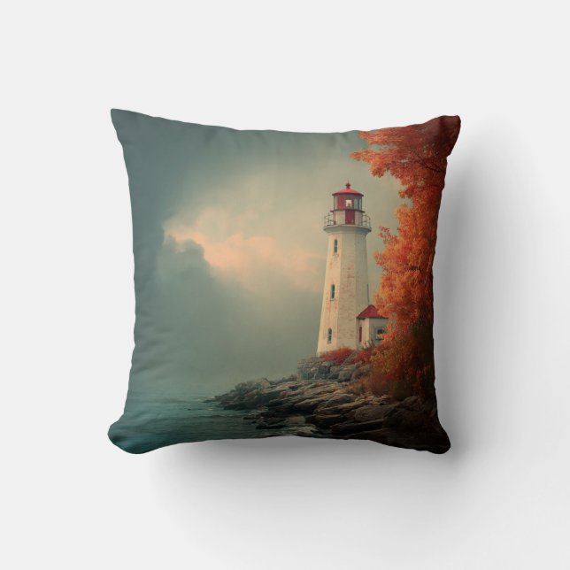 Lighthouse in Autumn Fall Cushion (Front)