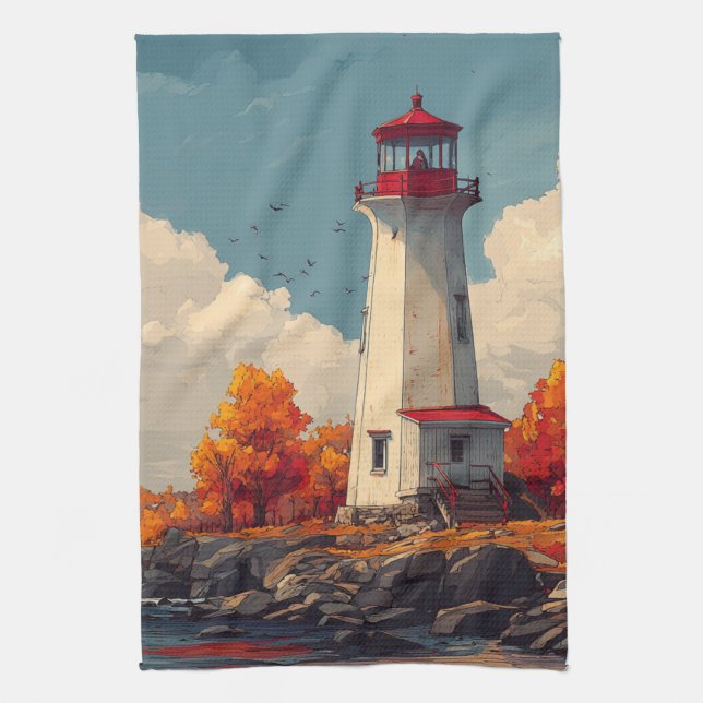 Lighthouse in Autumn Fall Tea Towel (Vertical)