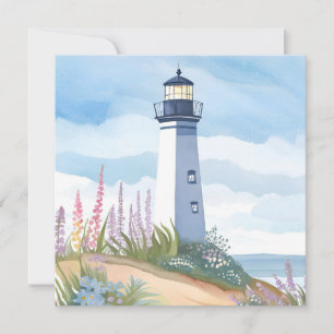 Lighthouse in Bloom Coastal Watercolor Floral Card