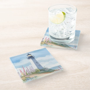 Lighthouse in Bloom Coastal Watercolor Floral Glass Coaster