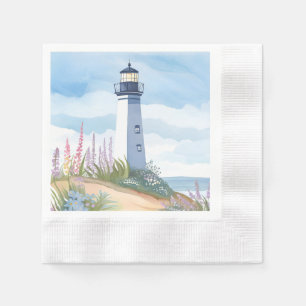 Lighthouse in Bloom Coastal Watercolor Floral Napkin