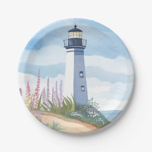 Lighthouse in Bloom Coastal Watercolor Floral Paper Plate