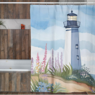 Lighthouse in Bloom   Coastal Watercolor Floral Shower Curtain