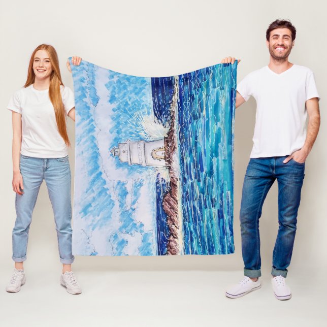 Lighthouse in Blue Fleece Blanket (In Situ)