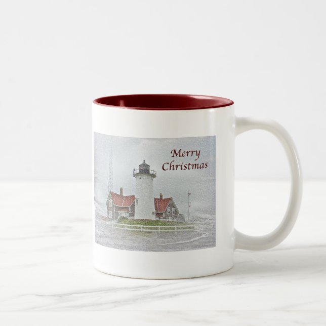 Lighthouse in Snow Merry Christmas Two-Tone Coffee Mug (Right)