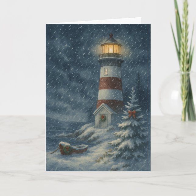 Lighthouse in Snowstorm Christmas Card (Front)