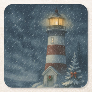 Lighthouse in Snowstorm Square Paper Coaster