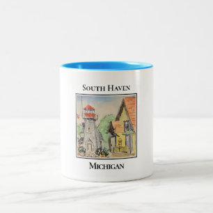 Lighthouse in Town, South Haven, Michigan Two-Tone Coffee Mug