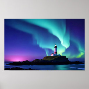 Lighthouse Landscape Coastal Ocean Aurora Night Poster