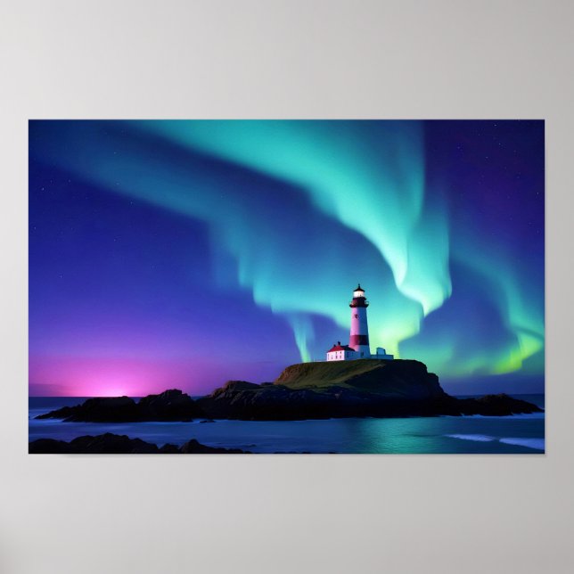 Lighthouse Landscape Coastal Ocean Aurora Night  Poster (Front)