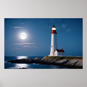 Lighthouse Landscape Coastal Ocean Calm Sea Night Poster