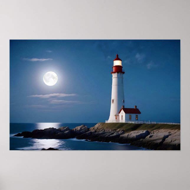 Lighthouse Landscape Coastal Ocean Calm Sea Night  Poster (Front)