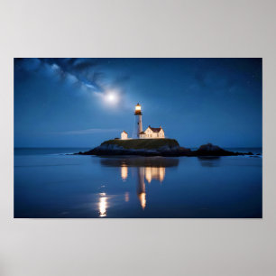Lighthouse Landscape Coastal Ocean Calm Sea Night Poster