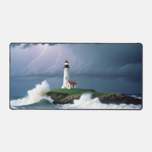 Lighthouse Landscape Coastal Ocean Waves Night Sea Desk Mat