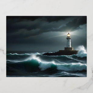 Lighthouse Landscape Coastal Ocean Waves Night Sea Foil Holiday Postcard