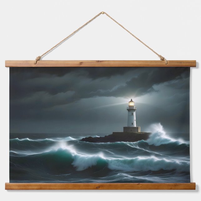 Lighthouse Landscape Coastal Ocean Waves Night Sea Hanging Tapestry (Front)