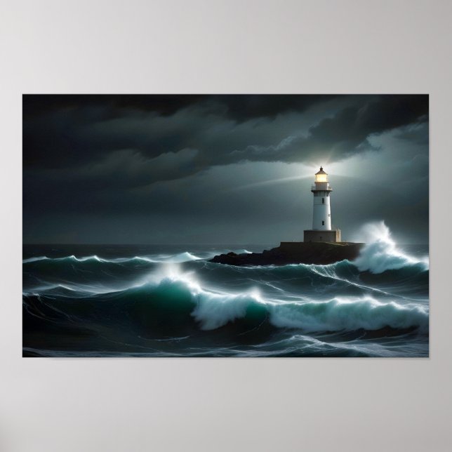 Lighthouse Landscape Coastal Ocean Waves Night Sea Poster (Front)