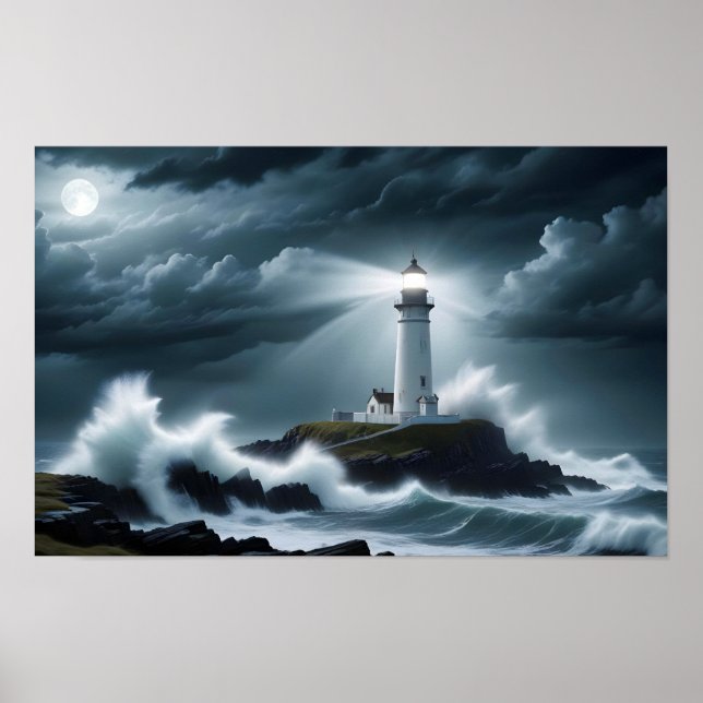 Lighthouse Landscape Coastal Ocean Waves Night Sea Poster (Front)