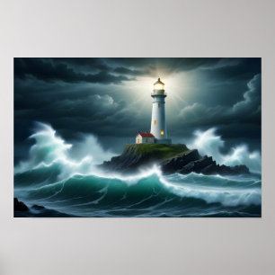 Lighthouse Landscape Coastal Ocean Waves Night Sea Poster
