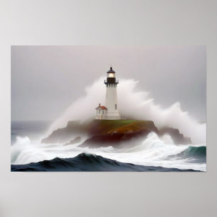 Lighthouse Landscape Coastal Ocean Waves Scenery Poster