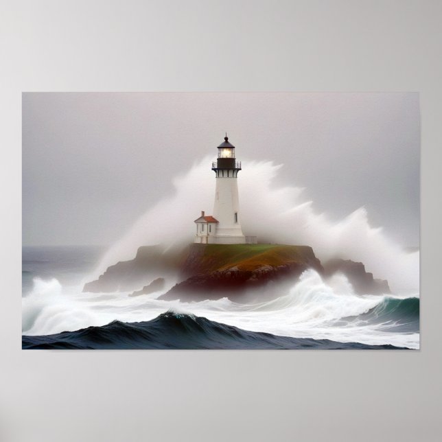 Lighthouse Landscape Coastal Ocean Waves Scenery Poster (Front)