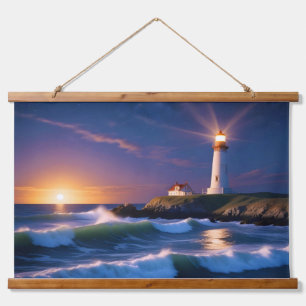 Lighthouse Landscape Coastal Ocean Waves Sunset  Hanging Tapestry
