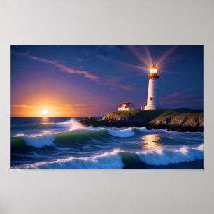Lighthouse Landscape Coastal Ocean Waves Sunset  Poster