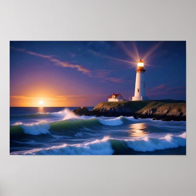 Lighthouse Landscape Coastal Ocean Waves Sunset  Poster (Front)