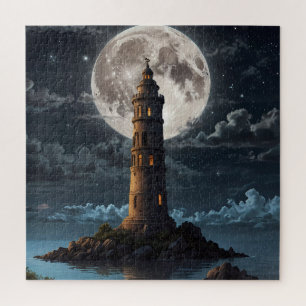Lighthouse lit via moonlight on a clear night jigsaw puzzle