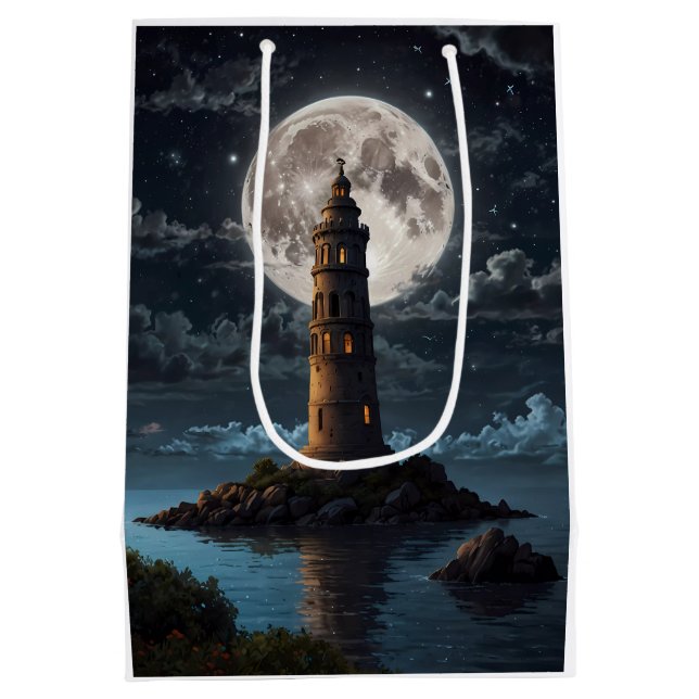 Lighthouse lit via moonlight on a clear night medium gift bag (Back)