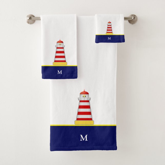 Lighthouse & Monogram on Blue and White Bath Towel Set (Insitu)