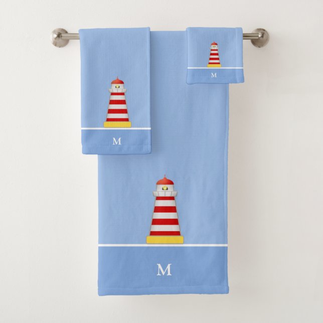 Lighthouse & Monogram on Light Blue Bath Towel Set (Insitu)