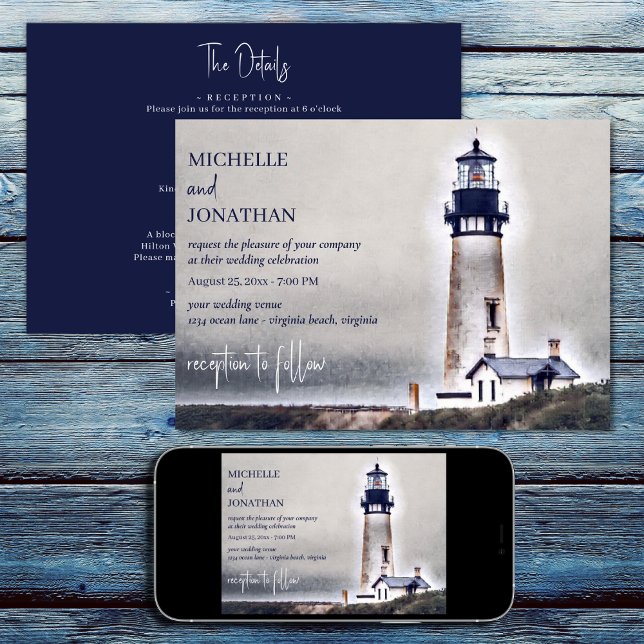 Lighthouse Nautical Beach All in One Wedding Invitation (Printed (Front and Back) and Digital - Lighthouse Nautical Beach All in One Wedding Invitation)