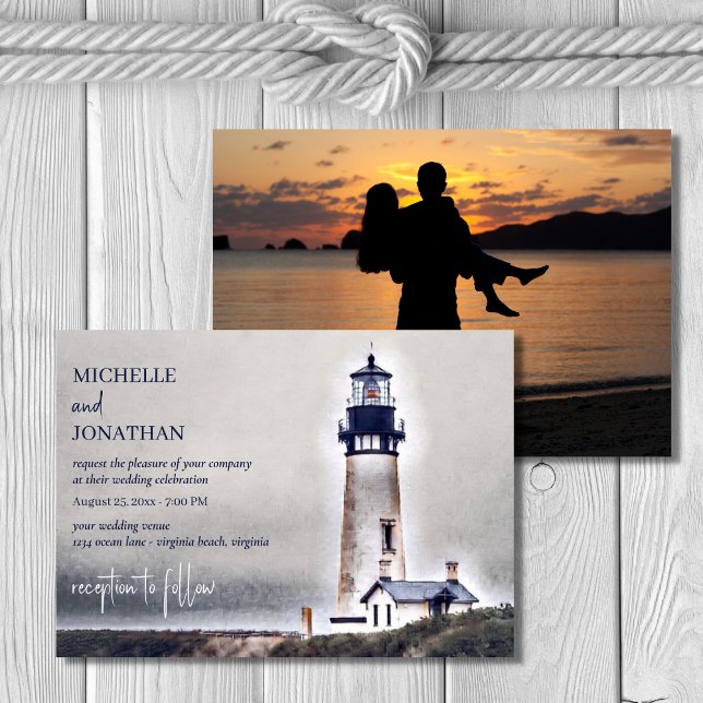 Lighthouse Nautical Beach Wedding Photo Invitation (Creator Uploaded)