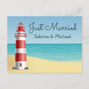 Lighthouse Nautical Just Married Beach Wedding Announcement Postcard