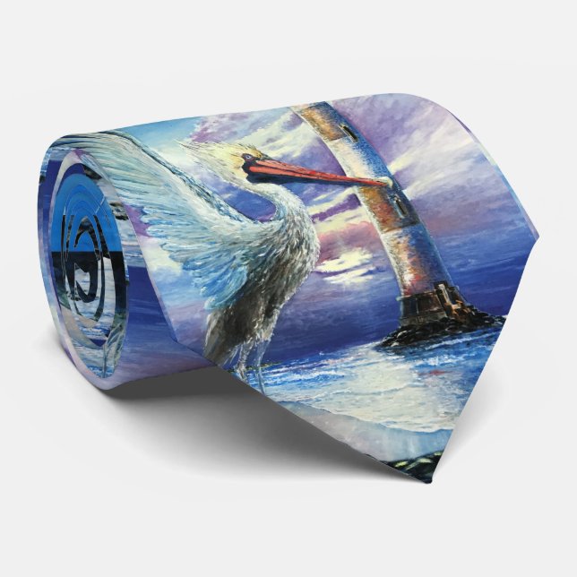 Lighthouse Nautical Oil Painting Bird Beach Blue Tie (Rolled)