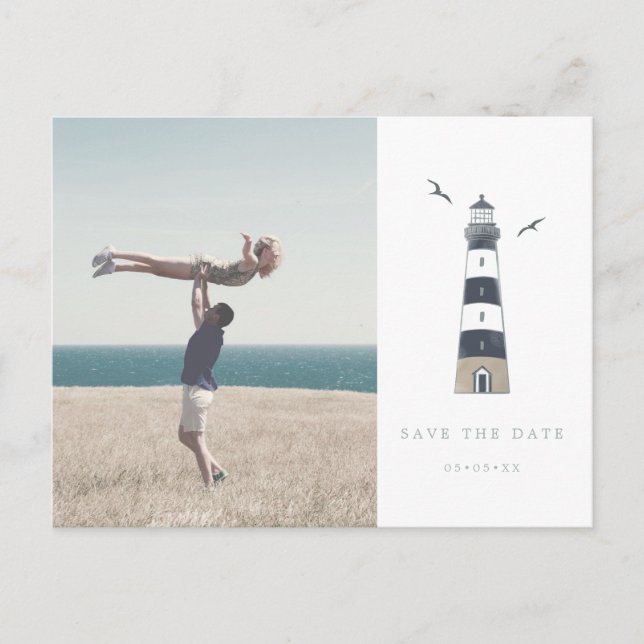 Lighthouse nautical photo save the date postcard (Front)