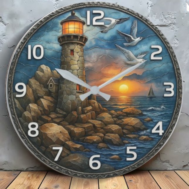 Lighthouse nautical sunset coastal beach house large clock (Creator Uploaded)