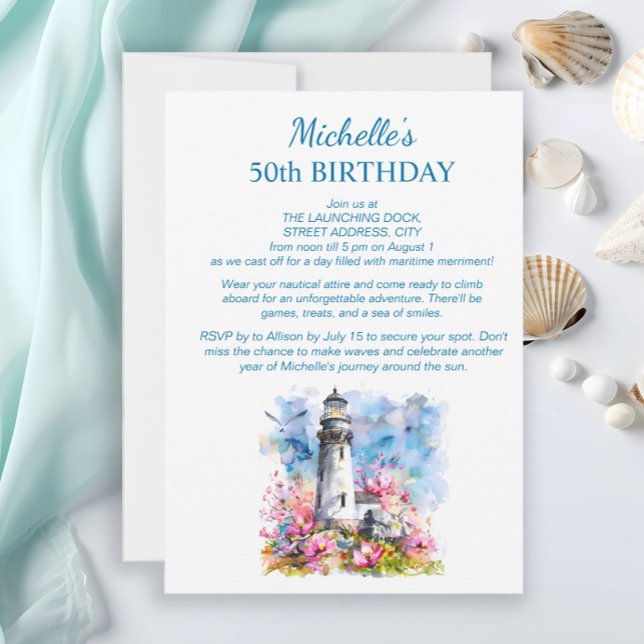 Lighthouse Nautical Theme Boat 100th Birthday Invitation (Lighthouse/cruise birthday party invitation)