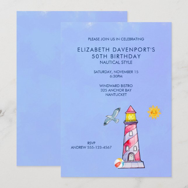Lighthouse Nautical Themed 50th Birthday Invite (Front/Back)